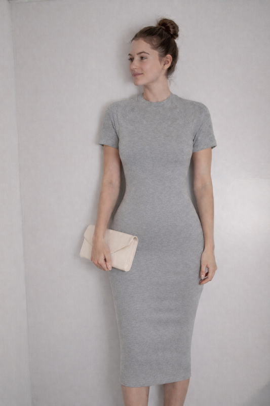 Grey Midi Dress with Bow Detail