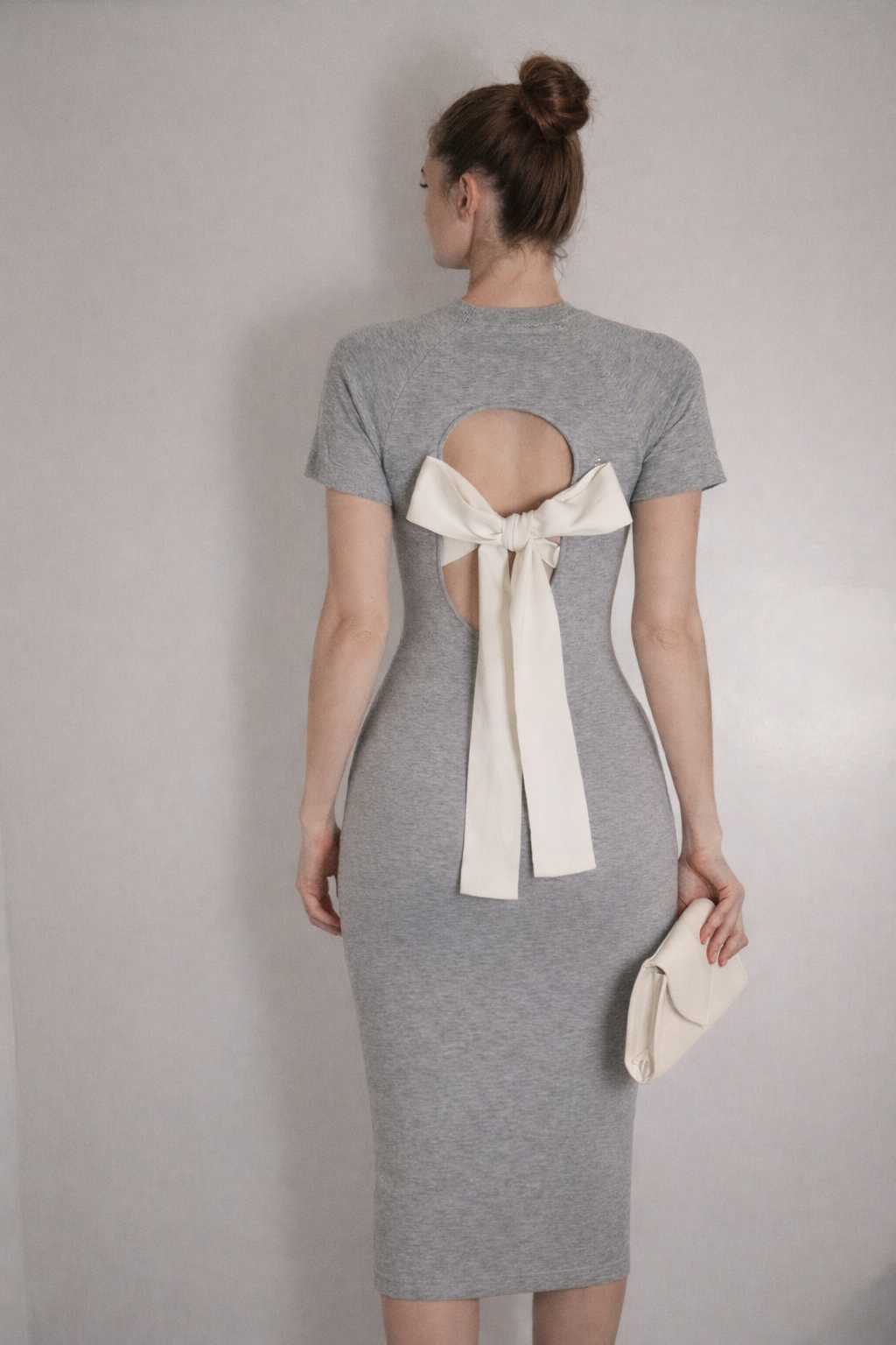 Grey Midi Dress with Bow Detail